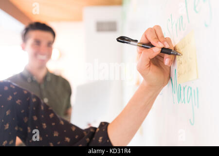 Hand of businesswoman writing on whiteboard adhesive notes Stock Photo