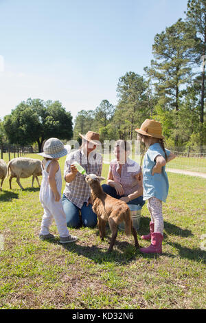 Family on farm, bottle feeding young goat Stock Photo