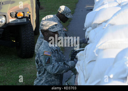 U.S. Army Soldiers from the 1052nd Transportation Company, South Carolina National Guard unload sandbags at the 8 Oaks Park near Georgetown, S.C. on Oct. 7, 2015. The sandbags were delivered in response to widespread flooding in the area as a result of heavy rain. The South Carolina National Guard partnered with federal, state and local emergency management agencies and first responders to provide assistance. (U.S. Army National Guard photo by Sgt. Kevin Pickering/Released) Stock Photo