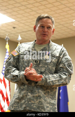 Capt. Kyle Franklin, chaplain, Headquarters and Headquarters Company, 2-151st Security and Support Aviation Battalion, was awarded with the Soldier’s Medal for Heroism during a ceremony May, 3, 2015 at McEntire Joint National Guard Base. Franklin was recognized for his heroism for extracting two people from a burning vehicle and rendering medical aid to two others who were involved in a head-on collision in February 9, 2013. (U.S. Army National Guard Photo by Sgt. Brad Mincey/Released) Stock Photo