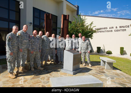 U.S. Army Maj. Gen. Robert E. Livingston Jr., The Adjutant General for South Carolina, met with soldiers assigned to the 263rd Army Air Missile Defense Command during exercise Vigilant Shield 15 at Tyndall AFB, Oct. 24, 2014.  The 263rd is supporting bi-national North American Aerospace Defense Command and U.S. Northern Command on the yearly homeland defense exercise that provides an opportunity to exercise mission areas and train headquarters staffs, NORAD Regions, and components on assigned missions. (U.S. Air National Guard photo by Tech. Sgt. Jorge Intriago/Released) Stock Photo