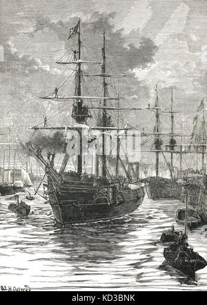 The British Arctic Expedition of 1875-6, HMS Alert and HMS Discovery leaving Portsmouth 29 May 1875 Stock Photo