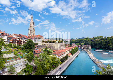 View over the River Aare looking over the city towards the spire of Bern Minster (Berner Münster), Bern (Berne), Switzerland Stock Photo