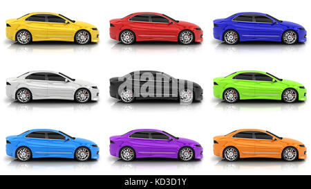 Car in different colors on a white background (done in 3d rendering ...