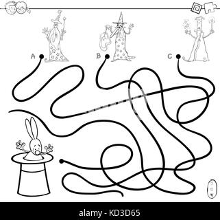 Black and White Cartoon Illustration of Paths or Maze Puzzle Activity Game with Wizard Characters and Rabbit in a Hat Coloring Book Stock Vector