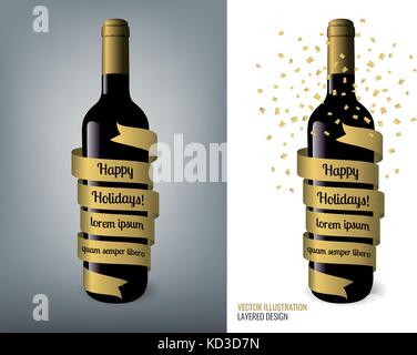 Realistic wine bottle illustration with ribbons for your text. Vector illustration. Layered design. Stock Vector