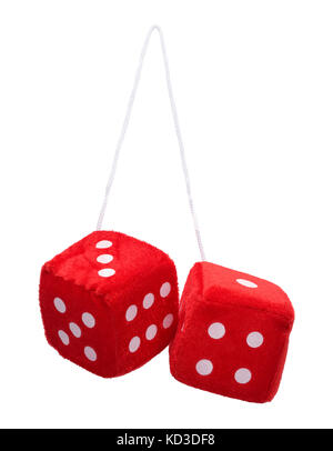 Red Fuzzy Hanging Dice Isolated on White Background. Stock Photo