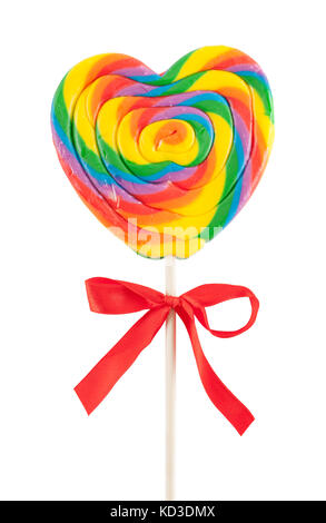 Candy Heart Lollipop with Red Ribbon Cut Out on White. Stock Photo