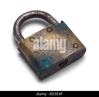 Old Brass Lock Isolated on a White Background. Stock Photo