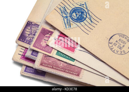 Close Up of Vintage Letters with Stamps Isolated on a White Background. Stock Photo