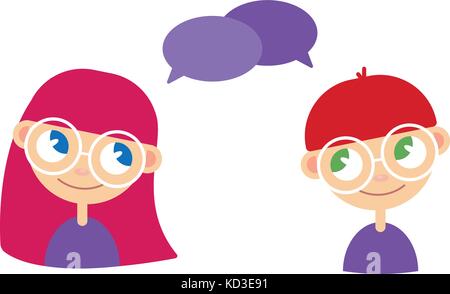 Two cartoon style kids, comics speak bubbles with empty space for text. Girl and boy talking, asking and answering questions, advising, helping. Stock Vector