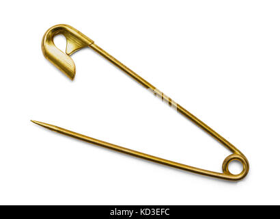 Brass Open Safety Pin Isolated on a White Background. Stock Photo