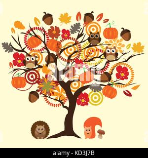 vector illustration of a fall tree with autumn elements and animals. Stock Vector