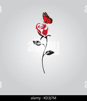 vector illustration of a rose silhouette with red butterfly. Stock Vector