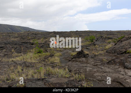 Couple beginning the hike on the Pu'u Loa trail in the Volcanoes National Park, on the Big Island in Hawaii. Stock Photo