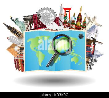 magnifying glass on map with world travel landmark Stock Vector