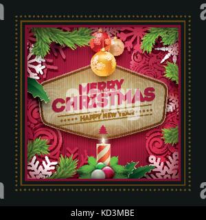 Vector Christmas and new year wishes on greeting card. Christmas related ornaments objects  background. Elements are layered separately in vector file Stock Vector