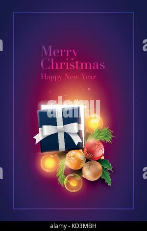 Christmas decoration objects, half open Christmas gift box with magical lights and Merry Christmas and Happy New Year text. Surprise concept. Ideal fo Stock Vector