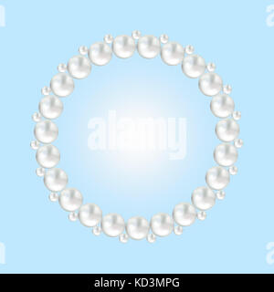 Pearl white bead round frame border on light blue background. Background with copy space for invitation Stock Photo