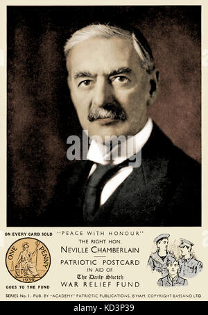 Neville Chamberlain, portrait on postcard. Patriotic postcard in aid of the The Daily Sketch War Relief Fund. 'On every card sold one penny goes to the fund'.  NC: British Prime Minister and Conservative politician, 18 March 1869 – 9 November 1940. Stock Photo