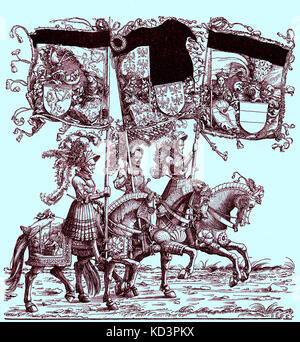 Flag bearers on horseback, triumphal procession of Maximilian I, Holy Roman Emperor (22 March 1459 – 12 January 1519). Woodcut illustration by Hans Burgkmair (1472 - 1531) Stock Photo