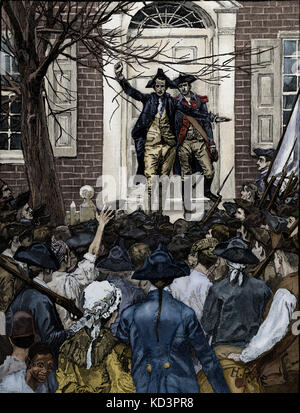 Alexander Hamilton and his friend, Robert Troup on the steps of King's College, New York City, on 10  May  1775, attempting to dissuade a mob of New Yorkers from seizing the British-sympathizing president of the college, Dr Myles Cooper.  Illustration by Howard Pyle. First published 1884. Alexander Hamilton 11 January 1755 or 1757 – 12  July  1804  - American statesman and one of the Founding Fathers of the United States. Stock Photo