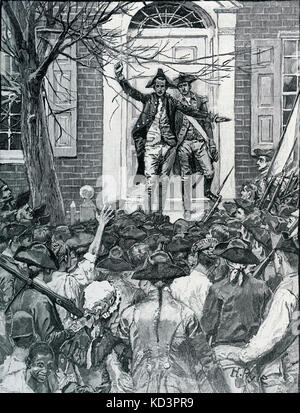 Alexander Hamilton and his friend, Robert Troup on the steps of King's College, New York City, on 10  May  1775, attempting to dissuade a mob of New Yorkers from seizing the British-sympathizing president of the college, Dr Myles Cooper.  Illustration by Howard Pyle. First published 1884. Alexander Hamilton 11 January 1755 or 1757 – 12  July  1804  - American statesman and one of the Founding Fathers of the United States. Stock Photo