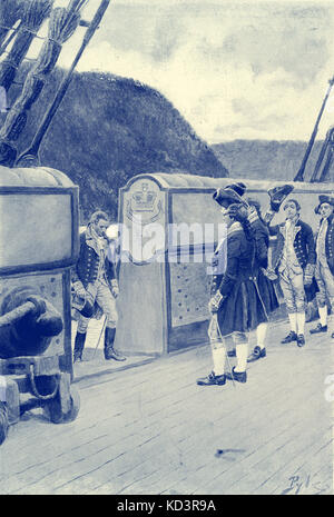 The escape of American Revolutionary general Benedict Arnold (1741 - 1801) onto the British ship Vulture, 1780, after defecting to the British. American Revolution. Illustration by Howard Pyle, 1896 Stock Photo