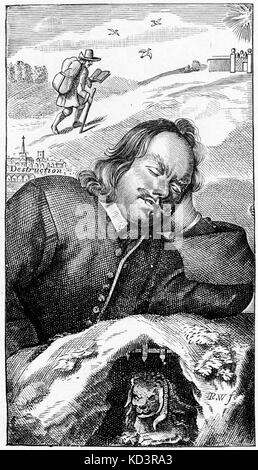 John Bunyan - frontispiece of the English writer 's book 'The Pilgrim 's Progress' (fourth edition, 1680). 'The Pilgrim's Progress from This World to that Which is to Come delivered under the Similitude of a Dream'. First published 1678. Pilgrims. JB: 28 November 1628 - 31 August 1688. English religious writer, preacher, theologian, poet.