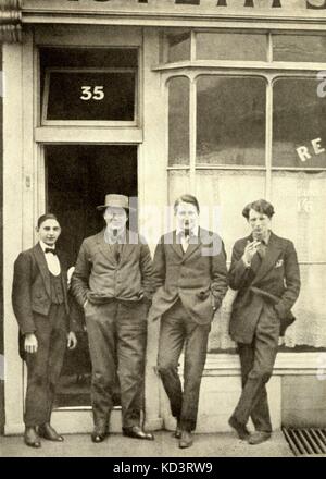 WARLOCK, Peter. (also called P. Heseltine) (c. 1915)  Left to right: unknown, Jacob Epstein (with hat), Peter Warlock   Evan Morgan. English composer and  musicologist (1894-1930) Stock Photo