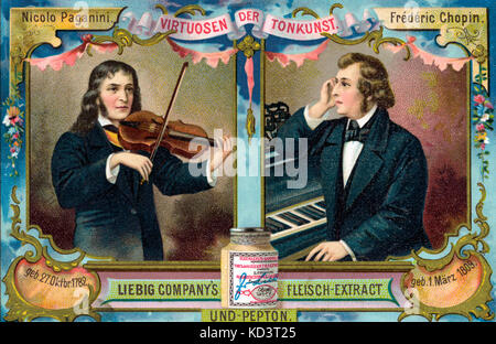 CHOPIN, Frederic -at piano, Liebig advert virtuoso card. Nicolo PAGANINI also appears. Polish composer (1810-1849) Stock Photo