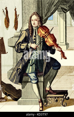 Musician playing viola da braccia. Engraving by J C Weigel. (1661-1726) from Musikalisches Theatrum. Man playing described as 'Violist oder Bratschist'.COLOURED VERSION Stock Photo