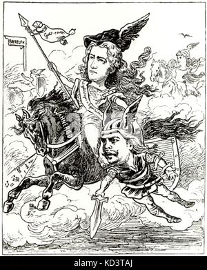 WAGNER, Cosima - caricature - dressed as character from Wagner's opera Ring Cycle / Nibelungen. ' Frau Cosimas Walkürenritt ' ( Miss Cosima's Ride of the Valkeries) Cosima pictured as Brünnhilde, carrying Ernst van Dyck as Siegmund. Die Walkure