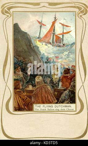 Richard Wagner's 'The Flying Dutchman'. Illustrated scene on postcard: 'The Dutch sailors sing their Chorus'. - ship buffeted by the waves. German composer & author  1813-1883. Stock Photo