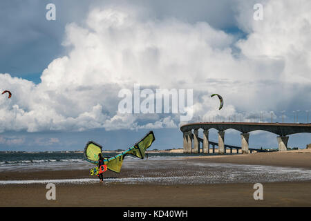 Kitesurfer, Plage Nord, Pont de Ile de Re, bridge,  Ile de Re, Nouvelle-Aquitaine, french westcoast, france, Stock Photo