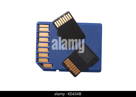Two Micro SD Cards sitting on a regular size SD card Stock Photo