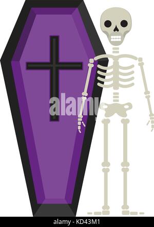 Coffin and skeleton icon is a flat style. Isolated on white background. Vector illustration. Stock Vector