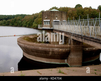 Control tower and sinkhole on Tittesworth Reservoir, Nr Leek, The Peak District, Staffordshire, UK Stock Photo