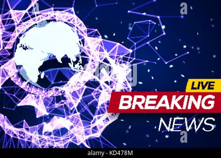 Breaking News Banner on Blue Glowing Plexus Structure Background with Earth Planet, Flares, Sparkles, Particles. World News on Abstract Geometric Network with Triangles. Technology Vector Illustration Stock Vector