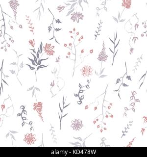 Seamless patterm based on color hand painted ink leaves, flowers and herbs with dog rose and chrysanthemum. Stock Vector