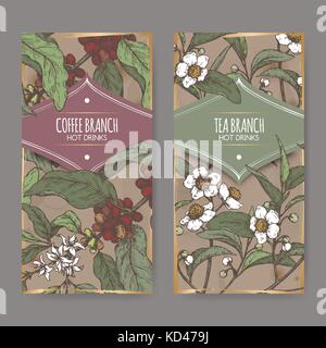 Set of two color labels with tea and coffee branch sketch. Hot drinks collection. Stock Vector