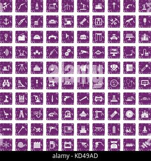 100 equipment icons set grunge purple Stock Vector