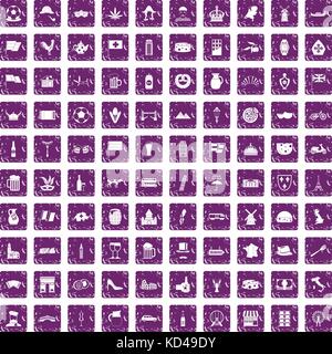 100 europe countries icons set grunge purple Stock Vector