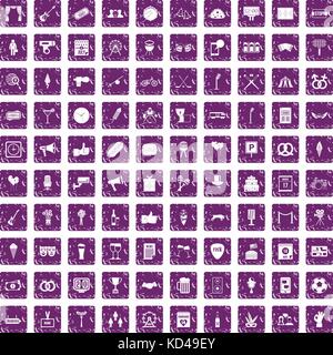 100 events icons set grunge purple Stock Vector