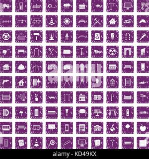 100 architecture icons set grunge purple Stock Vector