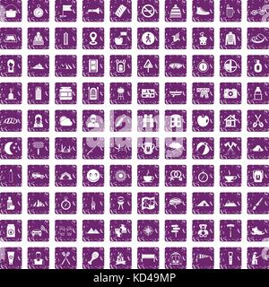 100 family camping icons set grunge purple Stock Vector