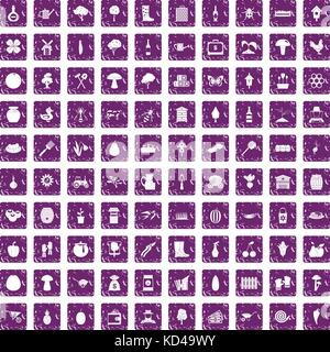 100 farming icons set grunge purple Stock Vector