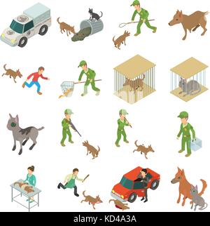 Stray animals icons set, isometric style Stock Vector