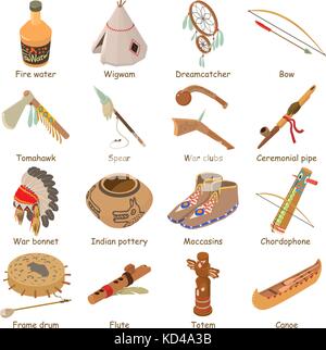 Indians ethnic american icons set, isometric style Stock Vector