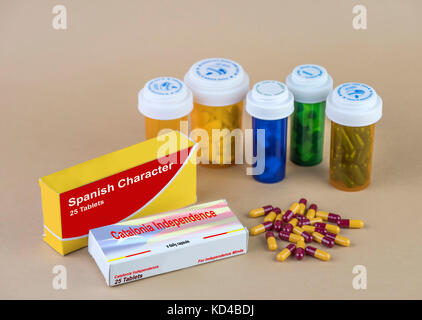 Several boxes of capsules in which appears the slogan of the social problem of Catalonia, fancy concept, fake medicine Stock Photo